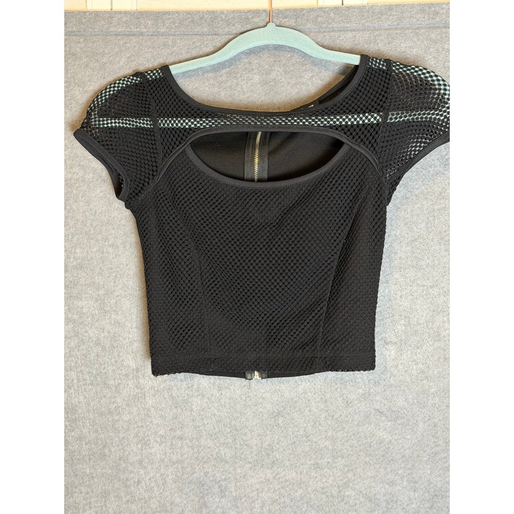 Crop Top XS Black Mesh Cutout Back Zip Bebe Edgy Clubwear Goth Grunge Cybercore